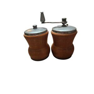 Vintage Wooden Salt & Pepper Shakers With Metal Grinder Tops - Rustic Kitchenwar
